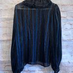 John Yang Shirt Womens 12 Blue Black Striped Long Sleeve Blouse Ruffle High Neck Photo 5