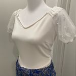 Timing White Blouse Crop Top With Mesh & Pearl Detail Puff Sleeves - M Photo 0