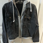 Contraband Black Distressed Denim Jacket w attached gray hoodie medium Photo 0