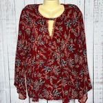 Democracy NWT Size L Red & Blue Floral Print Lace Keyhole Peasant Blouse Top Photo 0