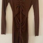 Almost Famous Brown Cutout Tie V Neck Dress Cinched Women's Sz Small Photo 0