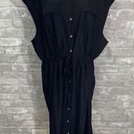 Old Navy Black Double Pocket Midi Dress Notched Collar Cap Sleeve Photo 0