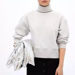 ZARA  Taupe Sweatshirt Women's Small Mock Neck Cropped Cotton Loungewear Casual Photo 0