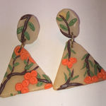 Floral Clay Boho Triangle Earrings in Cream and Orange Photo 0