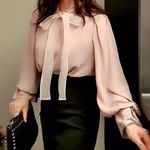 Korean Mauve Elegant Ivory Ribbon Bow Chiffon Elegant Blouse Shirt Top Photo 0