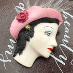 Vintage Lady Face Brooch – Pink Beret Parisian Pin Photo 0