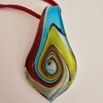 Blue Green Brown Swirl teardrop Murano blown glass large pendant suede cord Photo 1