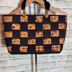 Italian made Woven‎ Navy Blue and natural woven Tote Bag Tan Photo 3