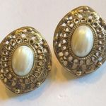 Vintage Brass/ Darker Gold Tone Filigree Faux Pearl Pierced Earrings Photo 1