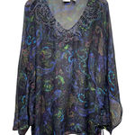 Chico's Top Silk Poncho Kimono Sleeve Multicolor Paisley Beaded Sheer M/L Boho Photo 0