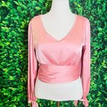 Women's Elegant V Neck Self Tie Knot Long Sleeve Satin Blouse Shirt Top Pink L Size L Photo 5