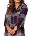 Tolani Collection Women Purple Plaid Button Down Tunic W/ Print Back Medium Photo 0