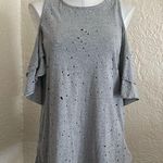 Francesca's Francesca’s Gray Distressed Cold Shoulder Ruffle Sleeves Cutout T-Shirt M NWT Photo 0