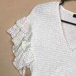 1. State  Women's Smocked Ruffle Lace Sleeve White V-Neck Peplum Blouse Photo 2