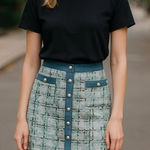 Nanette Lepore  Blue/ Green Pearl Button Tweed Mini Skirt Photo 0