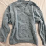 Women's Blue Sweater with Pearl Accents Photo 1