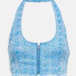 STAUD Becca blue tweed zip-up fringe hem halter crop top size 10 M medium Photo 12