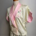 Vintage Satin Embroidered Floral Pajama Set Shorts Top Medium Large Pink Cream Photo 3