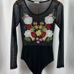 Viola Medium Mesh Embroidered Floral Long Sleeve Retro Bodysuit Boho Black Photo 0