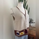 Vintage Fall Embroidered Vest‎ Ramie Cotton Cozy Pumpkin Leaf Style large Brown Photo 4