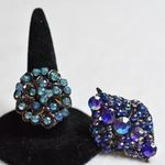 Source Unknown Blue Set Of 2 Rhinestone Adjustable Black Metal Alloy Victorian Glam Rings Photo 1