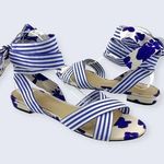CAbi Tied Up Watercolor Blue Floral Striped Cotton Ankle Wrap Sandal 6013 8 NWOB Photo 0
