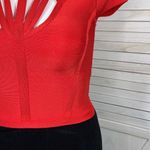 Bebe Cutouts Cage Bodycon Bandage Top Cap Sleeve Cherry Red Large Photo 5