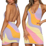 Amazon NWOT Y2K Multicolor Mini Knit Dress Small Halter V-Neck Groovy 80s Disco Wacky Photo 1