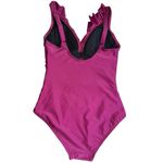 DKNY  Size 10 Dark Pink Bordeaux Ruffle Plunge Tummy Control One Piece Swimsuit Photo 2