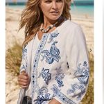 J.Jill Lightweight Embroidered Open Front Jacket 3/4 Sleeve Women’s Size Medium Blue Photo 8