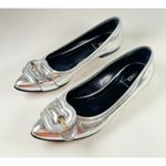 Fendi Womens Sandals Silver Leather Ballet Flat Slip On Buckle Italian 38.5 US 8 Photo 4