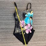 Dana Buchman  Swimsuit Black One Piece Hawaiian Floral Animal Print 10 Photo 4