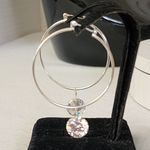 Silver Hoop Earrings with Floating Cubic Zirconia Diamond Photo 2