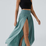 Halara  Stone Blue High Waisted High-Low Ruffle 2-in-1 Flowy Maxi Dress Size S Photo 0