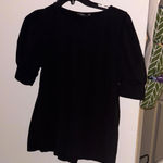 Doe & Rae  Black Poof ruched sleeve Blouse Top Basic Neutral Minimal Office Photo 0