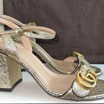 Gucci Metallic Laminate Leather Mid Heel Sandal Double G Size 36, with Box. USED Photo 0