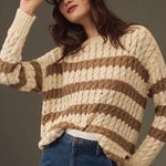 Anthropologie PILCRO Striped Cable Knit Long Sleeve Sweater Cream Brown Women XS Photo 0