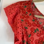 Cato  Cherrie Print Red Ruched Cap Lace Sleeve Blouse SZ Medium Photo 1