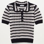 Mango  Crochet Knit Sweater Size Large Short Sleeve Polo Black Cream Photo 0