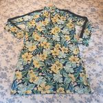 Stella Parker Mock Neck Yellow and Navy Tropical Print Sun Dress Size Large Blue Photo 0