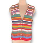 Vintage 90s Knit Sweater Vest Striped Multicolor Button Front Small Rustic Boho Red Photo 3