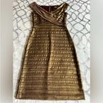 Tadashi Shoji  Metallic Bronze Gold Pleated Formal Cocktail Dress Small Photo 2