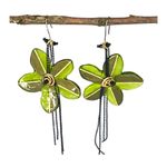 Black Bead VTG Lalo FLOWER EARRINGS 4" Dangle Drop Green Gold Resin Chains Photo 4