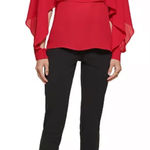 DKNY Red Long-Sleeve Crewneck Cape Blouse Photo 0