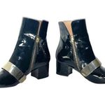 ZARA Black/Gold Patent Leather Side Zip Almond Toe Chunky Block Heel Ankle Boots Photo 2