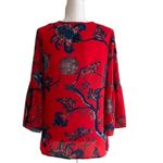 Violet+Claire  Blouse Too Red Blue Floral Split Neck 3/4 Bell Sleeves Medium Photo 3