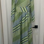 Handmade Vtg Size M 70s  Maxi Dress Retro Mod Blue Green Dots Lace Trim Prairie Photo 2