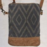 MYRA CROSSBODY BAG DARK GREY/BLUE CANVAS WITH TAN LEATHER TRIM ADJUSTABLE STRAP Gray Photo 0