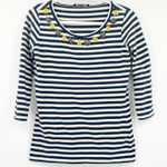 Weekend Max Mara Womens Boho Beaded Rhinestone Flower Striped 3/4 Sleeve Top S Blue Photo 0