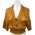 ZARA Brown 3/4 Sleeve Collared Pocket Smocked Button Up Crop Shirt Top Size M Photo 0